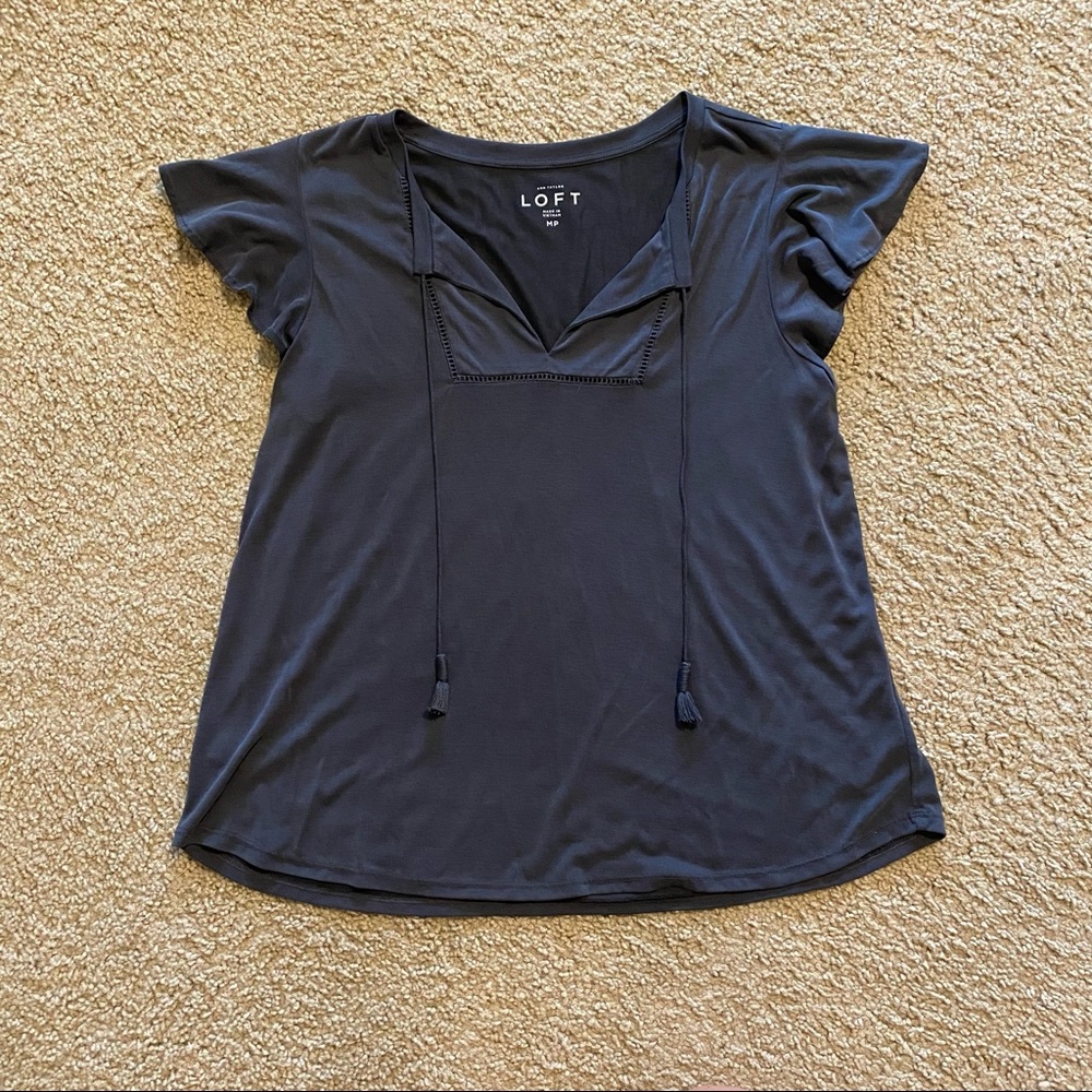 Loft Ruffle Sleeve V-Neck Top Grey with Ties Size MP